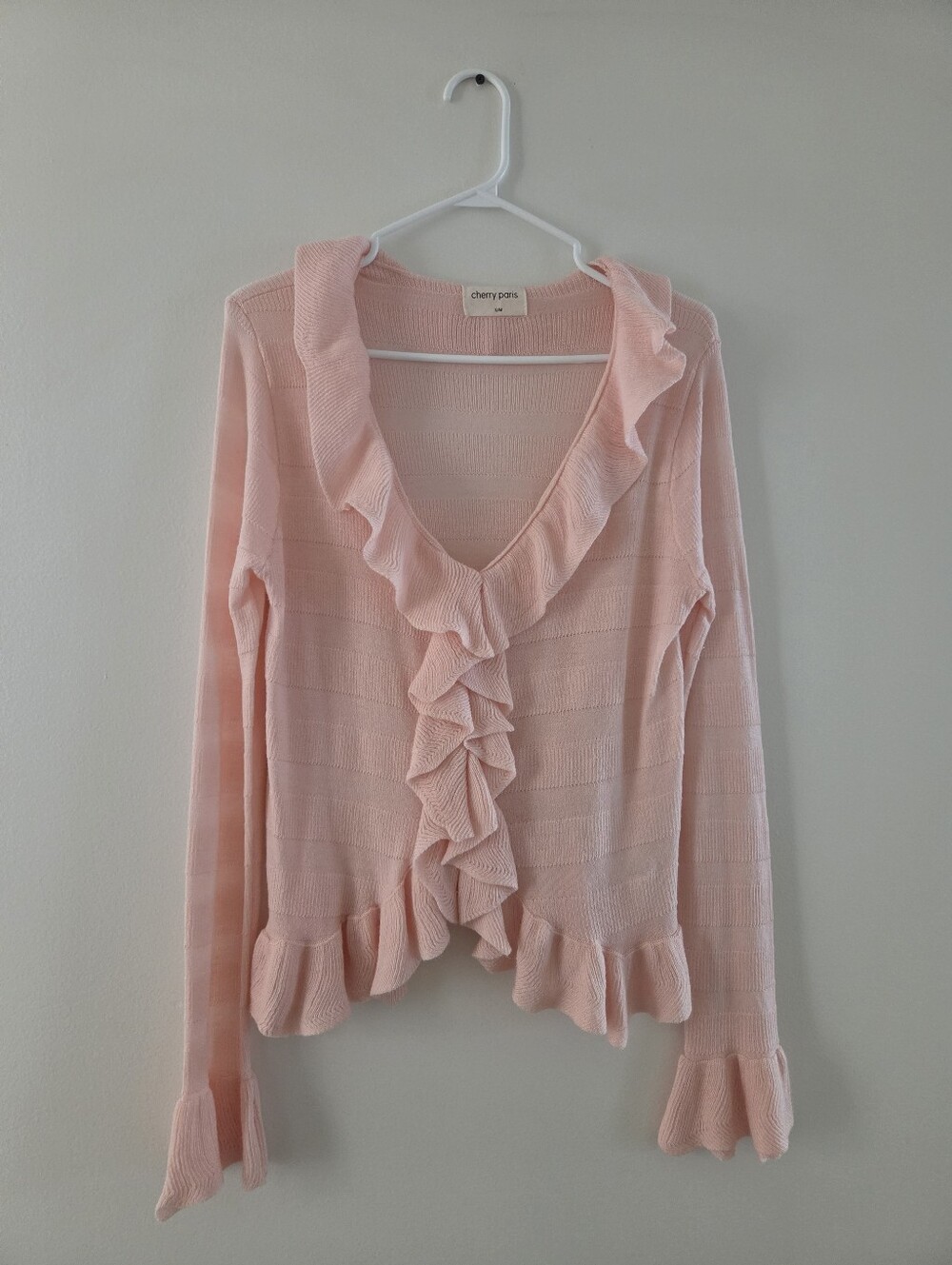 Ruffled V-Neck Lightweight Knit Cardigan - Light Pink
